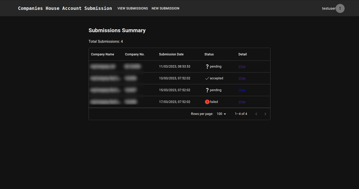 Screenshot of the filing service.